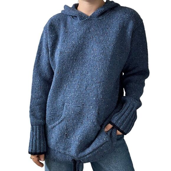 NWT Aran Sweater Market Kangaroo Hoodie 100% Wool Navy Fisherman Irish Sweater L - Picture 1 of 10